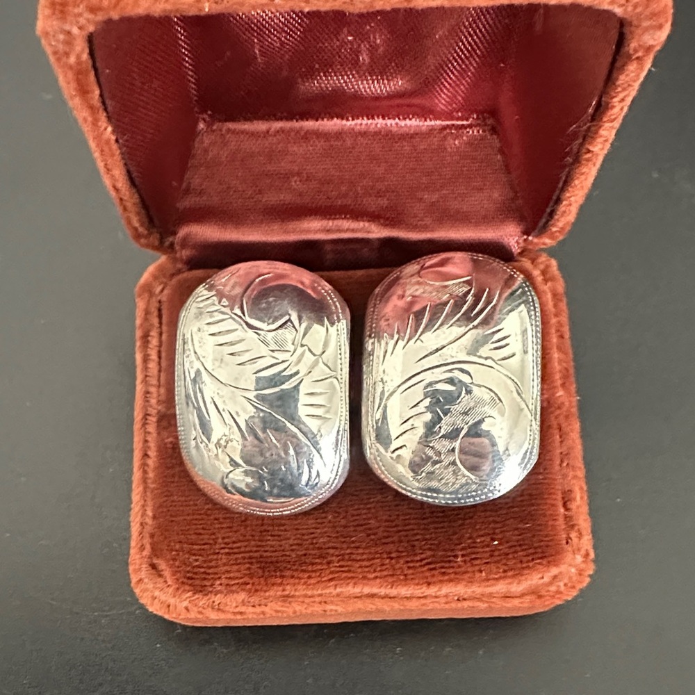 Silver and Red Engraved Clip-on Earrings